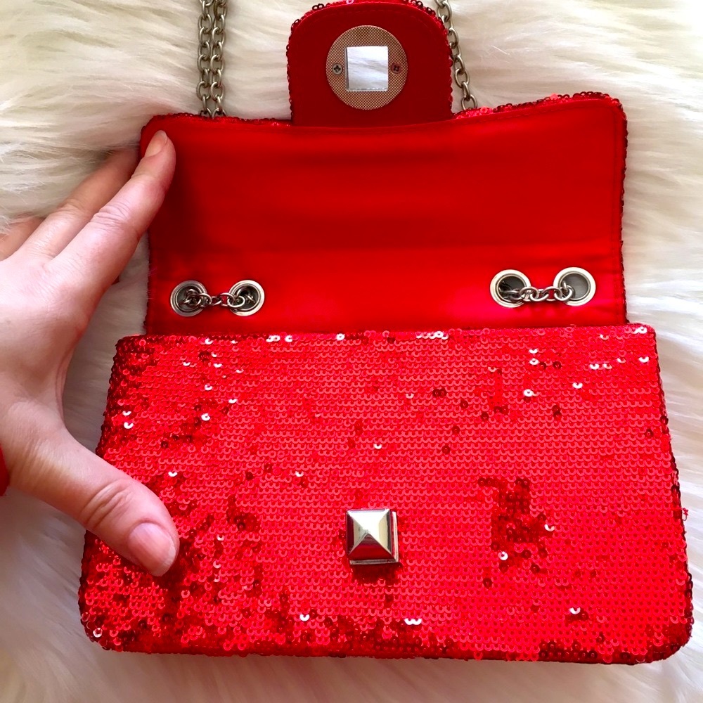 Vintage Red Sequin Mini Bag Silver Chain Purse - Picture 7 of 13